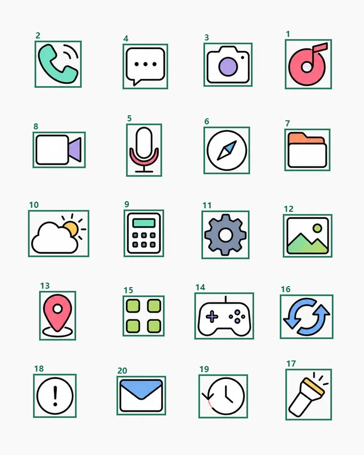 Twenty numbered detections on the AI-generated icon board
