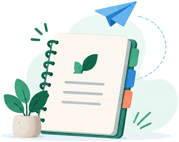 Notebook, paper plane and plant illustration